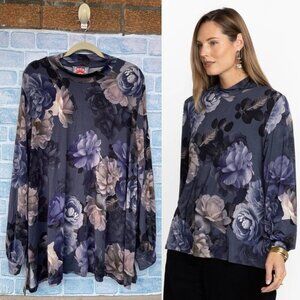 JOHNNY WAS GREY PEONY PUFF SLEEVE MOCK NECK TOP SIZE 3X